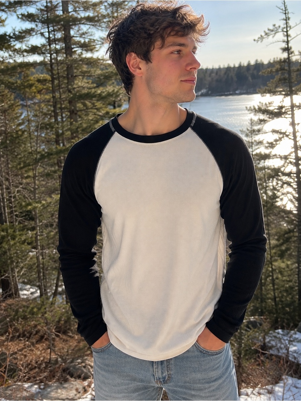 American Eagle Outfitters Two-Tone Raglan Long Sleeve Shirt - Cream & Black